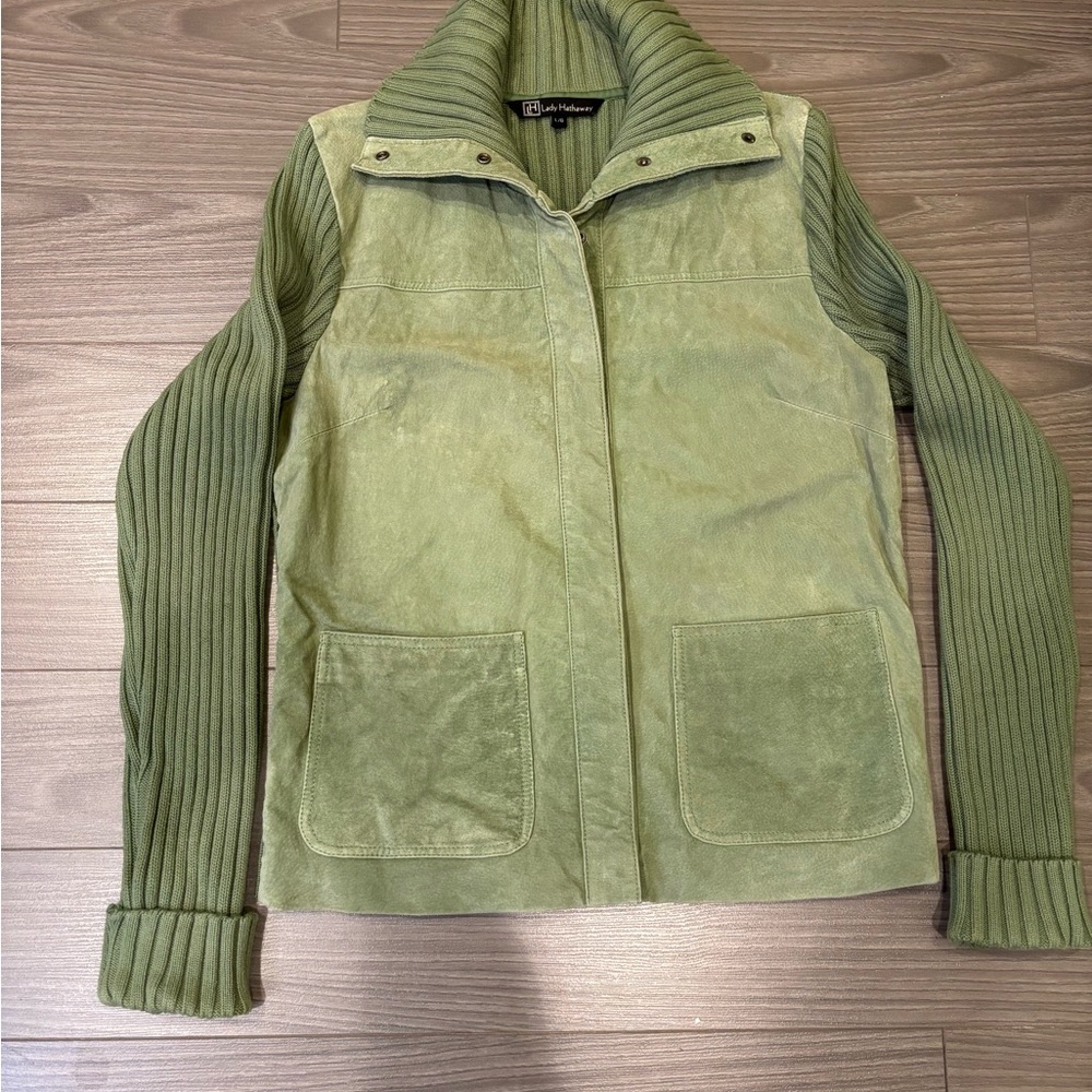 LADY HATHAWAY GREEN LEATHER FRONT CARDIGAN